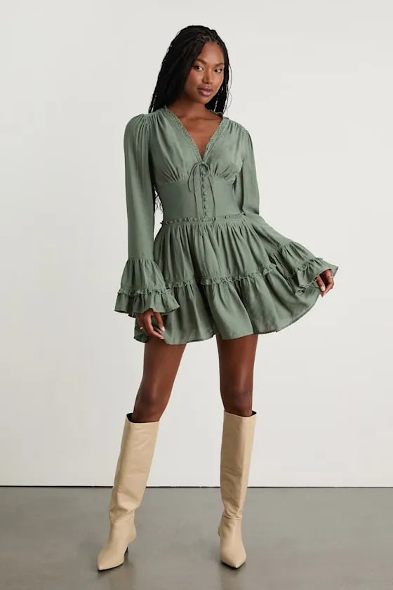 Ayaana Sage Green Long Sleeve Tiered Mini Dress sold by Lulus product image thumbnail 4