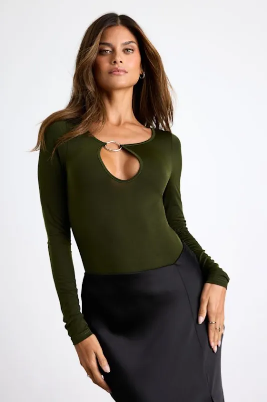 Ramia Forest Green Slinky Knit Cutout Long Sleeve Bodysuit made by Lulus