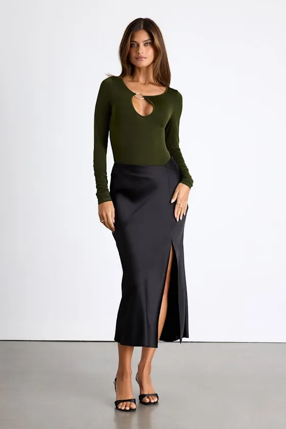 Ramia Forest Green Slinky Knit Cutout Long Sleeve Bodysuit sold by Lulus product image thumbnail 3