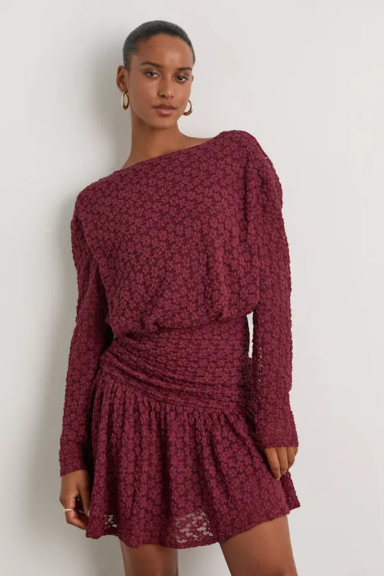 Zallie Wine Red Textured Knit Ruched Long Sleeve Mini Dress sold by Lulus