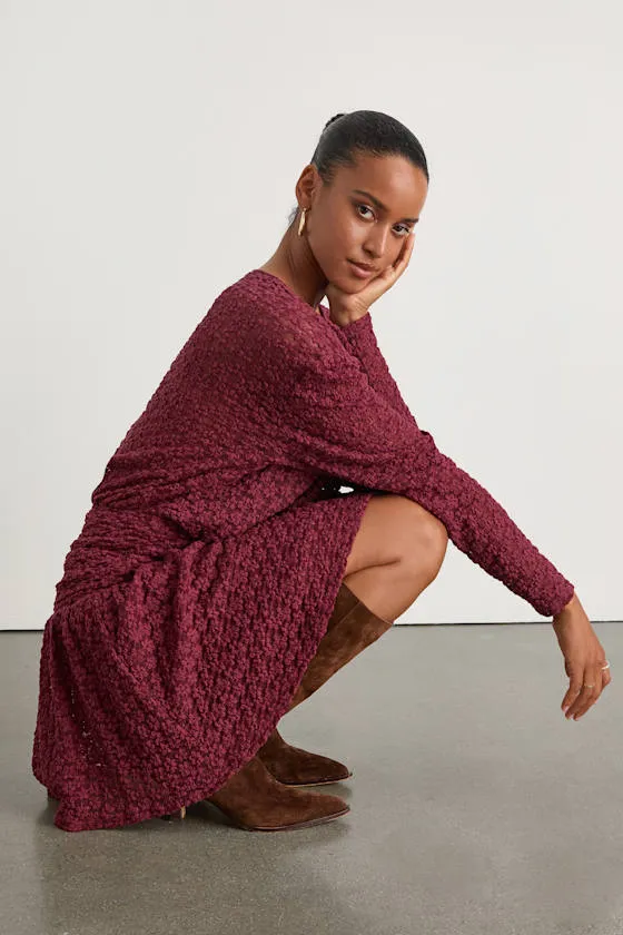 Zallie Wine Red Textured Knit Ruched Long Sleeve Mini Dress sold by Lulus product image thumbnail 2