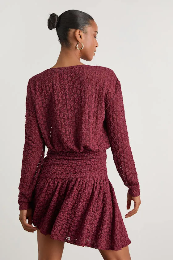 Zallie Wine Red Textured Knit Ruched Long Sleeve Mini Dress sold by Lulus product image thumbnail 3
