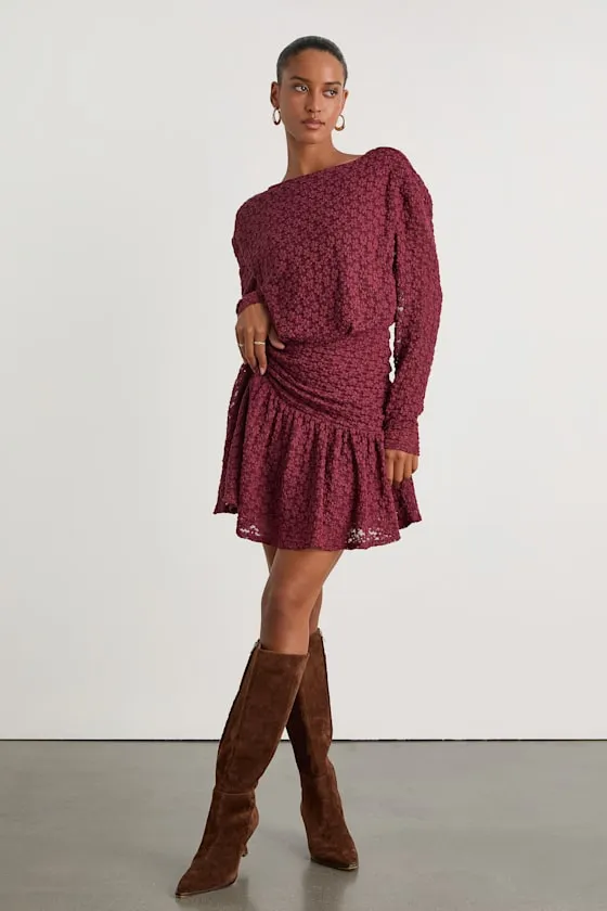 Zallie Wine Red Textured Knit Ruched Long Sleeve Mini Dress sold by Lulus product image thumbnail 4