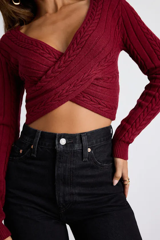 Feliya Dark Red Cable Knit Cross-Front Sweater Crop Top sold by Lulus product image thumbnail 2