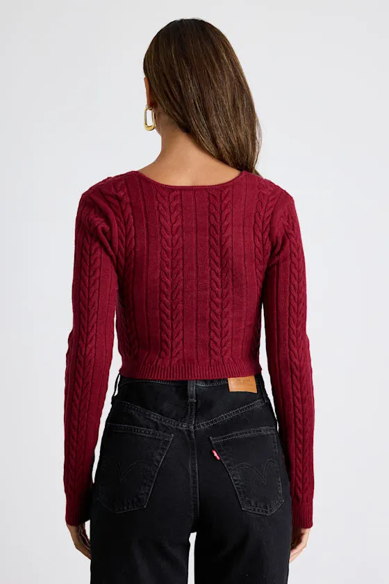 Feliya Dark Red Cable Knit Cross-Front Sweater Crop Top sold by Lulus product image thumbnail 3