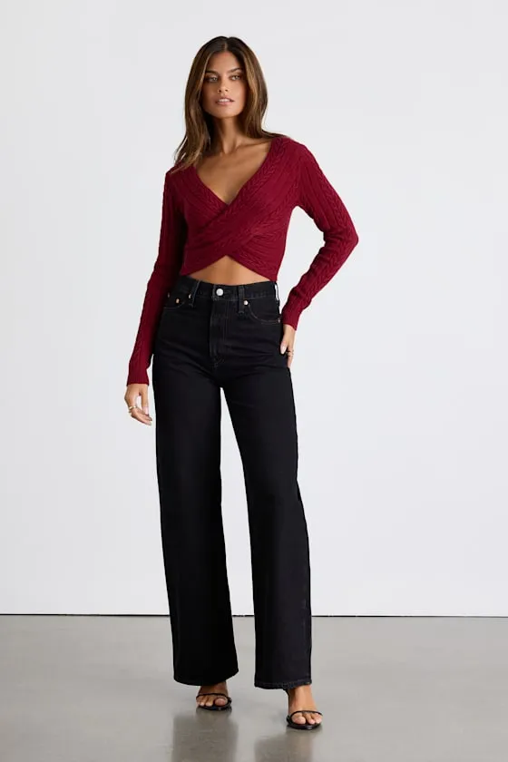 Feliya Dark Red Cable Knit Cross-Front Sweater Crop Top sold by Lulus product image thumbnail 4