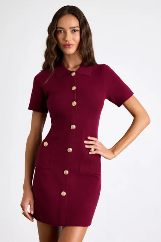 Posh Outcome Wine Red Short Sleeve Sweater Mini Dress sold by Lulus