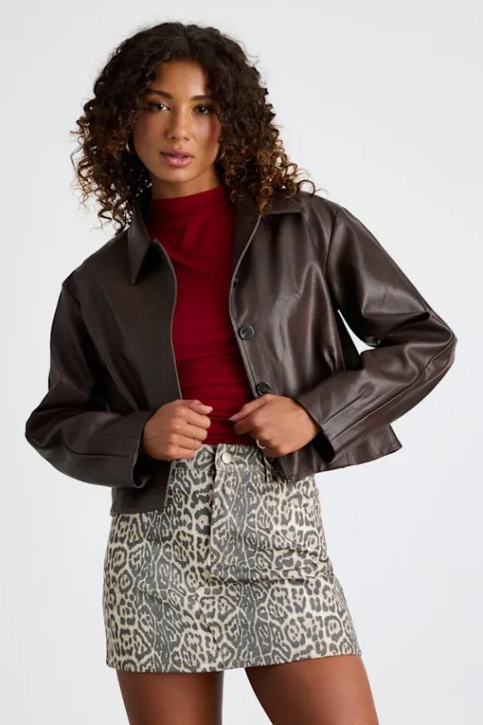 Mariely Brown Vegan Leather Button-Front Cropped Jacket sold by Lulus