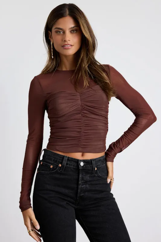 Instant Trend Brown Mesh Ruched Long Sleeve Top sold by Lulus