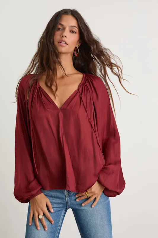 Hestia Wine Red Gathered Balloon Sleeve Top sold by Lulus