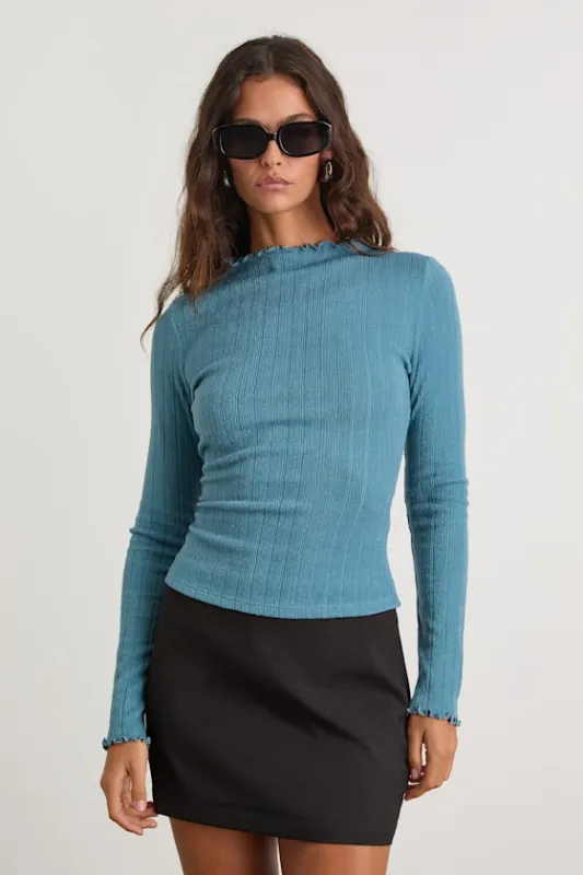 Charmed Vibes Teal Blue Ribbed Lettuce Edge Long Sleeve Top sold by Lulus