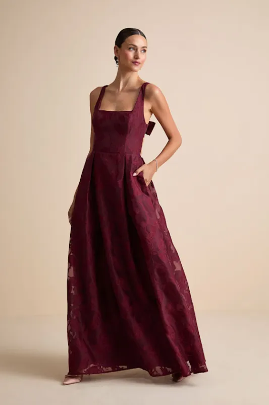 Perfected Aura Red Jacquard Tie-Back Maxi Dress with Pockets sold by Lulus