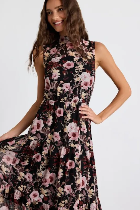 In My Dreams Black and Pink Floral Print Midi Dress sold by Lulus