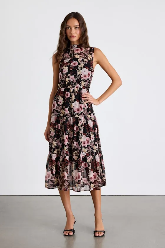 In My Dreams Black and Pink Floral Print Midi Dress sold by Lulus product image thumbnail 2