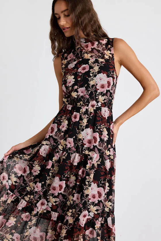 In My Dreams Black and Pink Floral Print Midi Dress sold by Lulus product image thumbnail 3