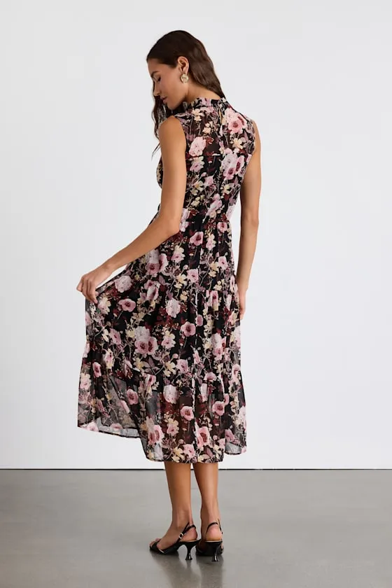 In My Dreams Black and Pink Floral Print Midi Dress sold by Lulus product image thumbnail 4