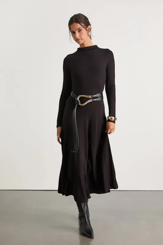 Corinne Black Jersey Knit Mock Neck Midi Dress sold by Lulus