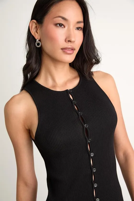 Cheslyn Black Ribbed Button-Front Tank Top sold by Lulus product image thumbnail 2