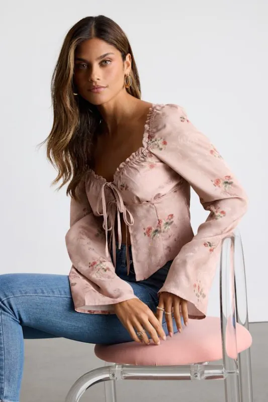 Bess Blush Pink Floral Satin Jacquard Tie-Front Long Sleeve Top sold by Lulus