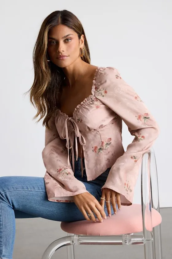Bess Blush Pink Floral Satin Jacquard Tie-Front Long Sleeve Top sold by Lulus