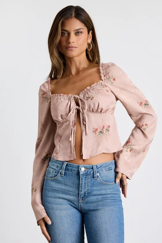 Bess Blush Pink Floral Satin Jacquard Tie-Front Long Sleeve Top sold by Lulus product image thumbnail 2