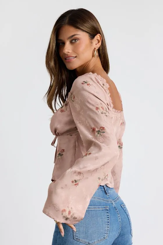 Bess Blush Pink Floral Satin Jacquard Tie-Front Long Sleeve Top sold by Lulus product image thumbnail 3
