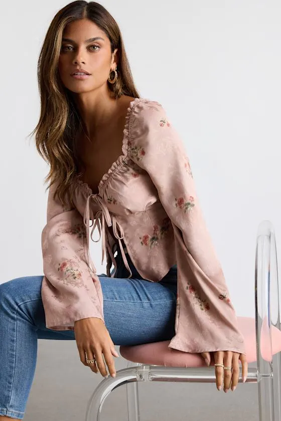 Bess Blush Pink Floral Satin Jacquard Tie-Front Long Sleeve Top sold by Lulus product image thumbnail 4