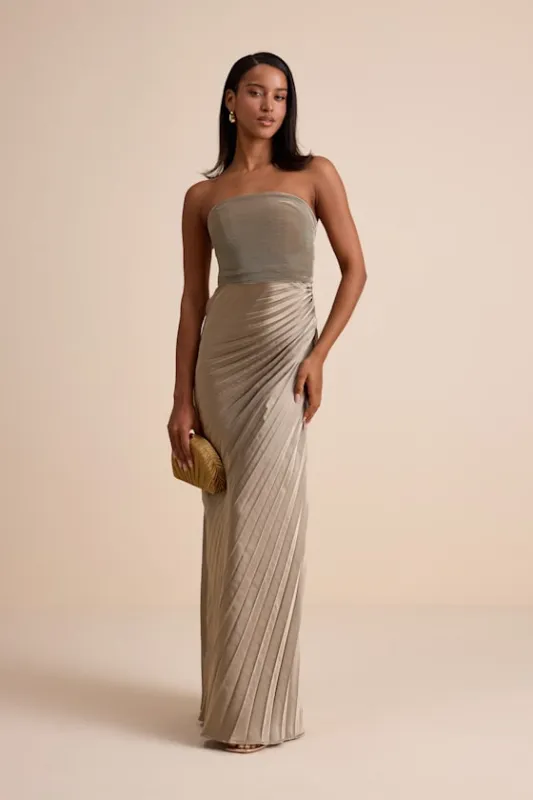 Nyrah Taupe Satin Pleated Strapless Maxi Dress sold by Lulus