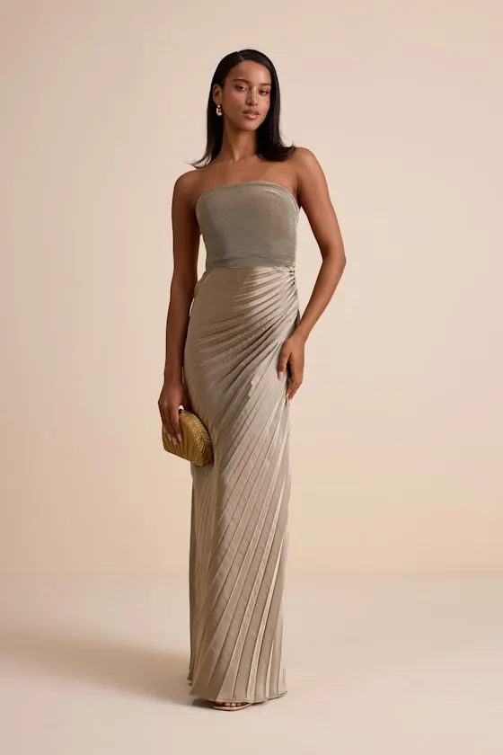 Nyrah Taupe Satin Pleated Strapless Maxi Dress sold by Lulus