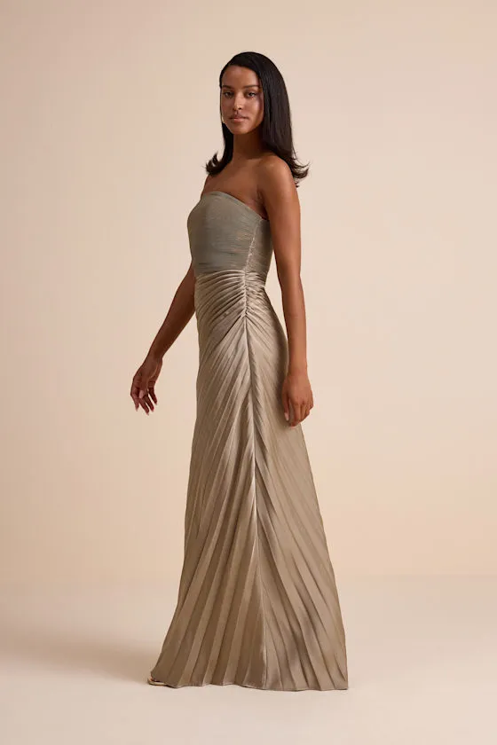 Nyrah Taupe Satin Pleated Strapless Maxi Dress sold by Lulus product image thumbnail 4