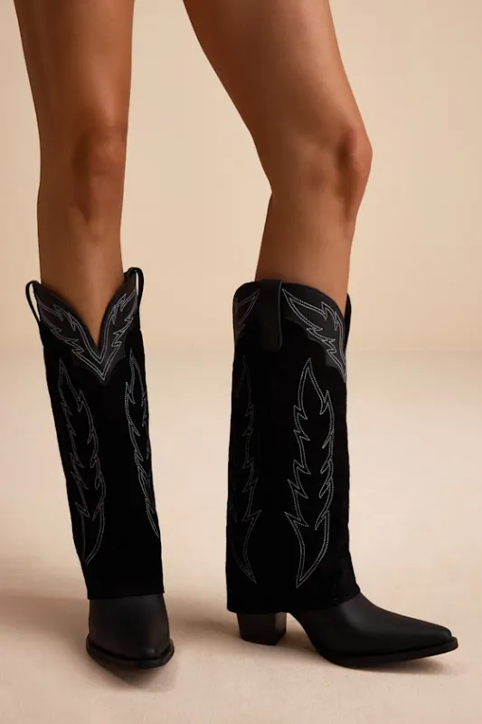 Wild Fire Black Leather Fold-Over Knee-High Western Boots sold by Lulus