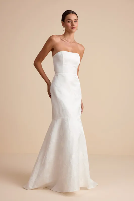 Cagney White Floral Jacquard Strapless Trumpet Maxi Dress sold by Lulus