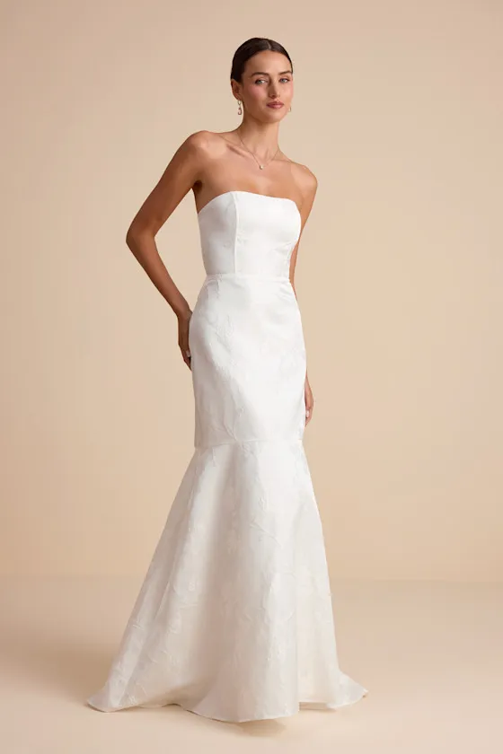 Cagney White Floral Jacquard Strapless Trumpet Maxi Dress sold by Lulus