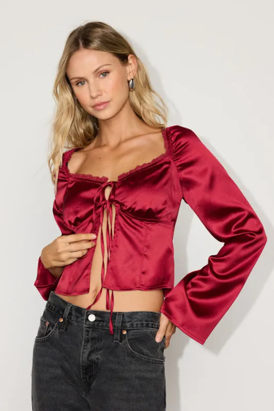 Bess Red Satin Tie-Front Long Sleeve Top made by Lulus