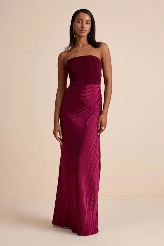 Nyrah Berry Red Satin Pleated Strapless Maxi Dress sold by Lulus