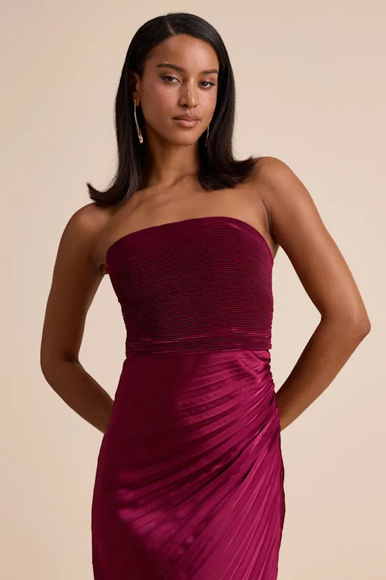 Nyrah Berry Red Satin Pleated Strapless Maxi Dress sold by Lulus product image thumbnail 2