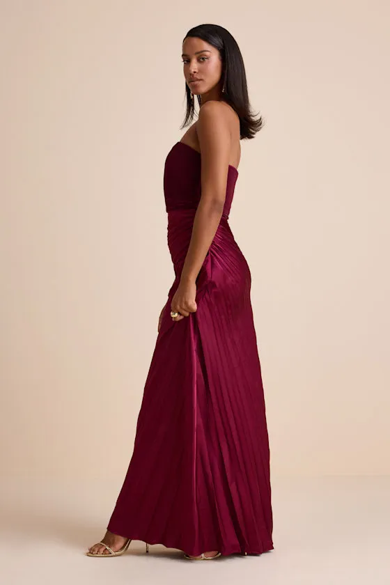 Nyrah Berry Red Satin Pleated Strapless Maxi Dress sold by Lulus product image thumbnail 4