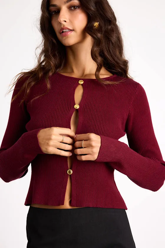 Mahita Wine Red Ribbed Cutout Button-Front Long Sleeve Top sold by Lulus