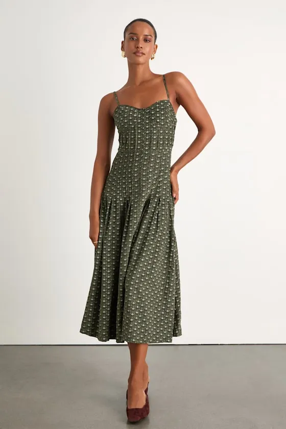 Joanna Olive Green Floral Corduroy Drop Waist Midi Dress sold by Lulus