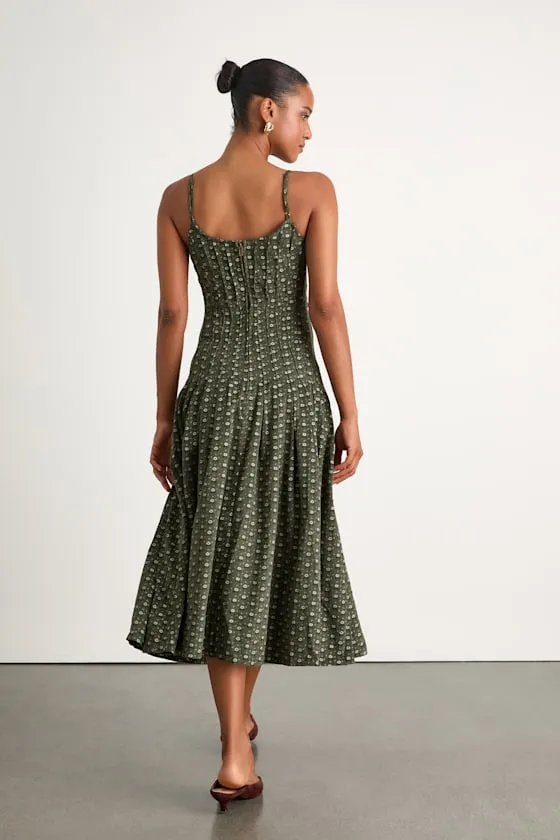 Joanna Olive Green Floral Corduroy Drop Waist Midi Dress sold by Lulus product image thumbnail 3