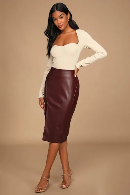 Mireya Wine Red Vegan Leather Pencil Skirt sold by Lulus
