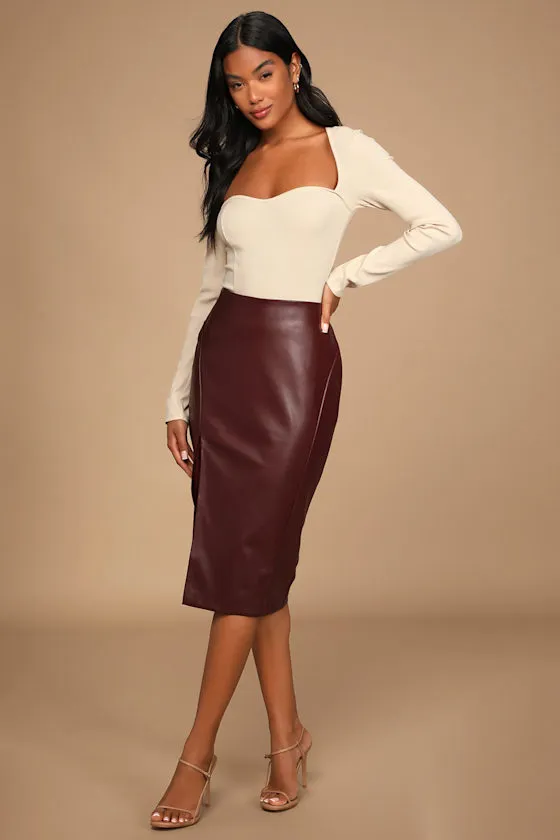 Mireya Wine Red Vegan Leather Pencil Skirt sold by Lulus