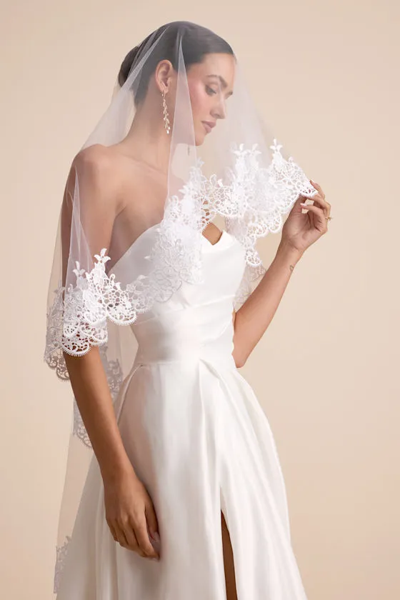 Calder White Mesh Lace Scalloped Bridal Veil sold by Lulus