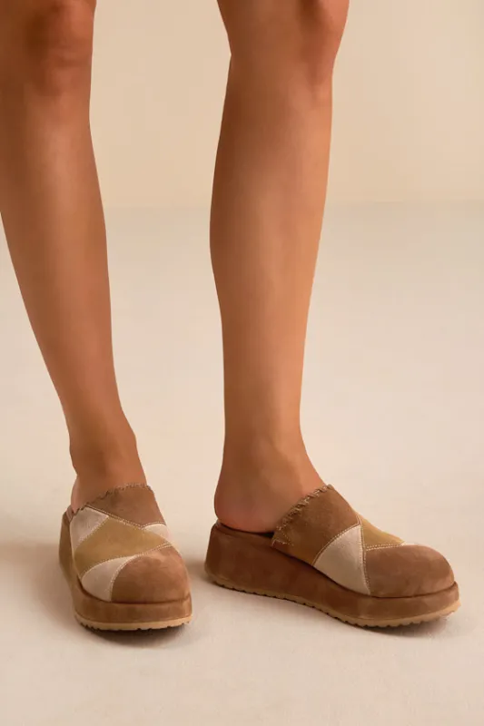 Whammy Brown Multi Patchwork Suede Platform Mule Clogs sold by Lulus