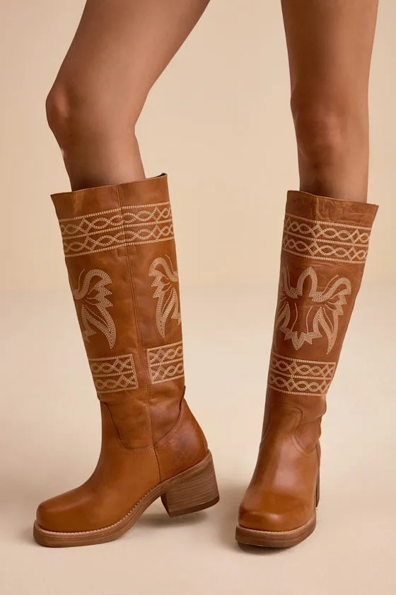 Avalon Tan Leather Embroidered Knee-High Boots sold by Lulus