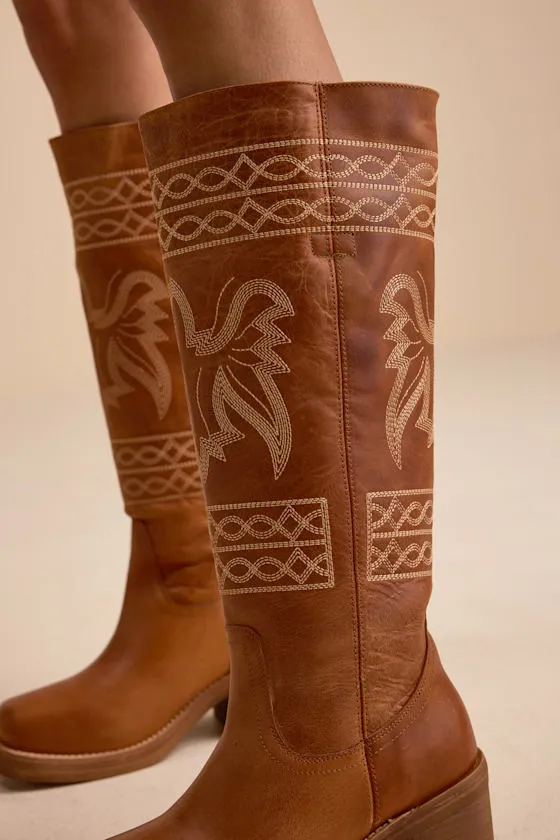 Avalon Tan Leather Embroidered Knee-High Boots sold by Lulus product image thumbnail 2