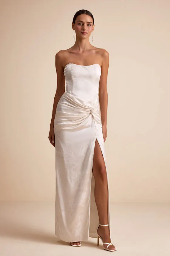 Whitney Ivory Jacquard Strapless Twist-Front Maxi Dress sold by Lulus