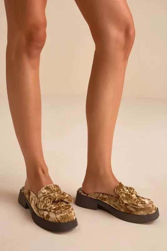 Flower Antique Yellow Velvet Bow Mule Loafers sold by Lulus