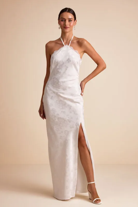Emeris White Satin Jacquard Lace Halter Maxi Dress sold by Lulus