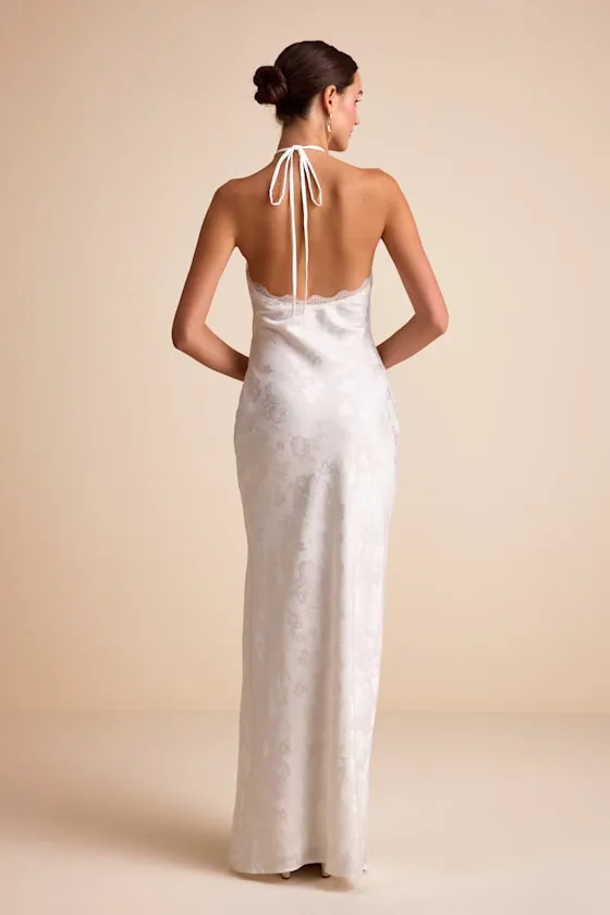Emeris White Satin Jacquard Lace Halter Maxi Dress sold by Lulus product image thumbnail 3